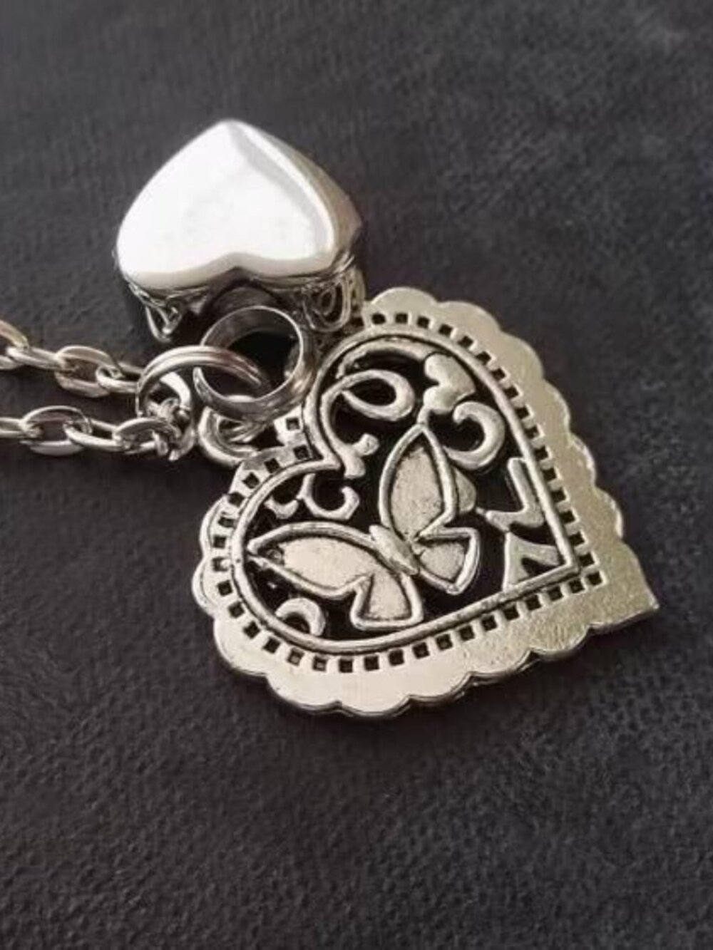 Stainless Steel Double Heart Butterfly Locket Necklace Keepsake Jewelry - Picture 3 of 7